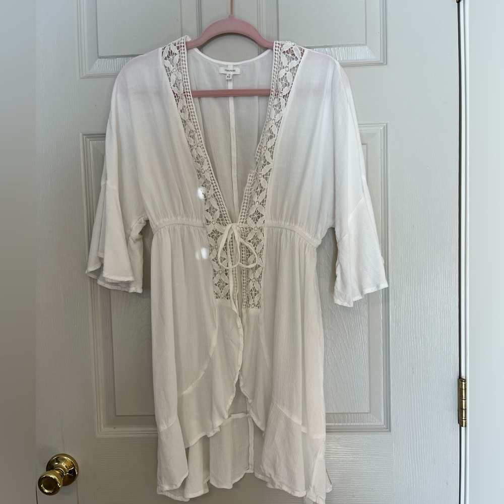 Maurice’s White Front Tie Crochet Trim Kimono Cardigan Xsmall - Picture 7 of 8